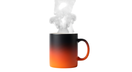 Steaming coffee mug with black to orange color gradient isolated on black background