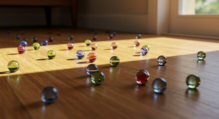 Glass marbles scattered on wooden floor