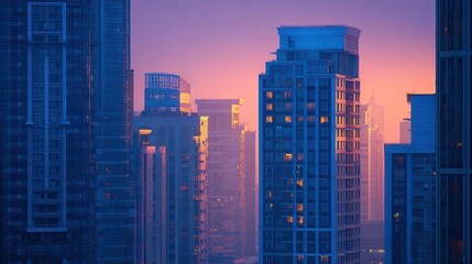 Modern city buildings at dawn.