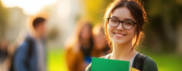 The student smiling with glasses holding notebooks on a sunlit university campus