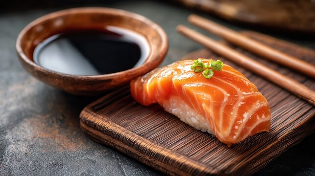 Salmon sushi piece with soy sauce.