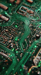 Obraz premium Macro shot reveals intricate green circuit board details, filled with metallic pathways and gleaming components, hinting at complex tech and modern electronics