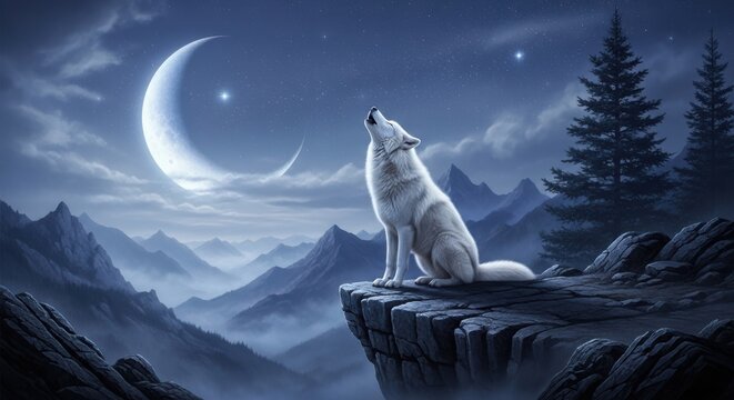 Majestic White Wolf Howls Under Crescent Moon Night Sky - Powered by Adobe