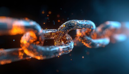 A chain link, ablaze with digital sparks, connecting against a dark background