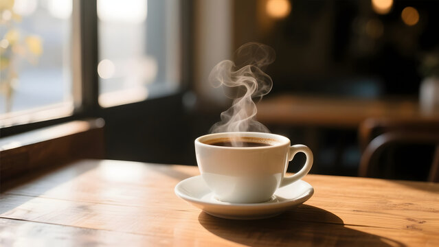 A steaming coffee cup on a rustic wooden table, bathed in soft morning light.