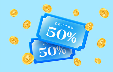 3d Blue coupon vector with 50% discount surrounded by golden dollar coins on light blue background. Gift voucher with rain of golden coins in 3d vector illustration. Vector illustration