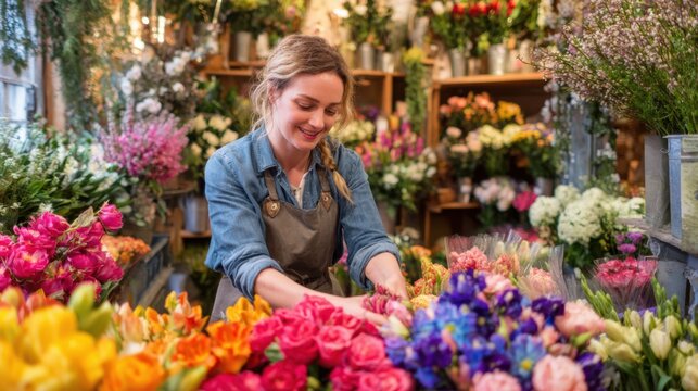A florist carefully arranges colorful flowers in a lively flower shop filled with various blooms. The shop is bright and inviting, showcasing a diverse selection of petals and plants.