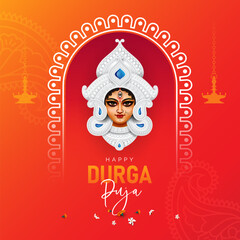 Obraz na płótnie Canvas Durga Puja Festival Background Design with Goddess Durga Face Illustration 
