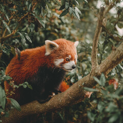 Fototapeta premium Red panda perched on a leafy tree branch in a medium wildlife portrait