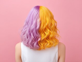 A woman's back, showcasing wavy hair divided into purple and yellow halves against a pink backdrop, in a white top, with natural lighting