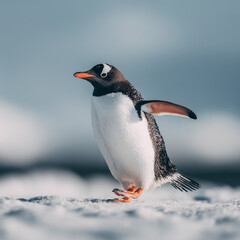 Fototapeta premium Penguin standing on a snowy expanse under a clear blue sky