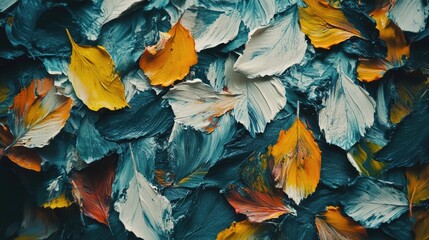 A painting of leaves with blue and white paint