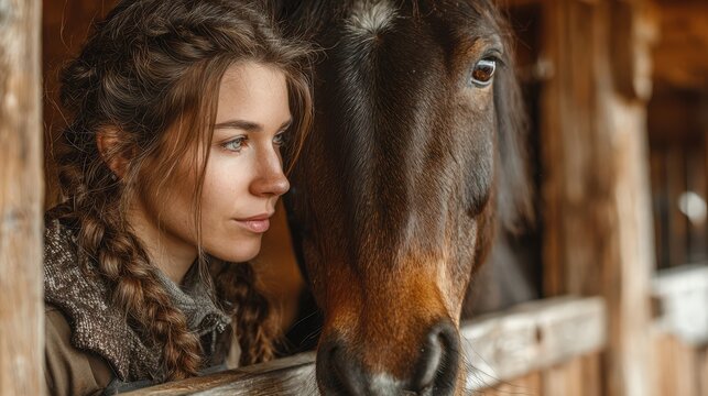 Young woman interacting with horse in stable during daytime, showcasing connection and bond in a tranquil setting - Powered by Adobe