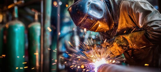 The Welder Sparks Intense Welding in an Industrial Workshop Wearing Protective Gear