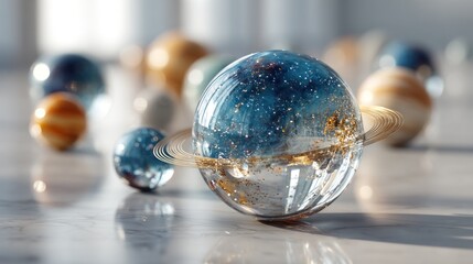 Ethereal Glass Planets with Golden Rings: Celestial Art Decor
