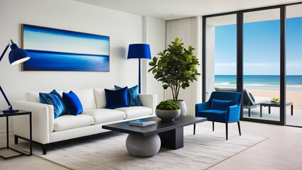 Naklejka premium a living room with a white couch, blue cushions, a table, plants, a blue lamp and a blue painting with a view onto the beach; blue themed living room