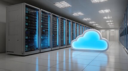 A server room with rows of tall server racks, and a glowing cloud icon on the floor. Bright reflective floor tiles add depth to the space