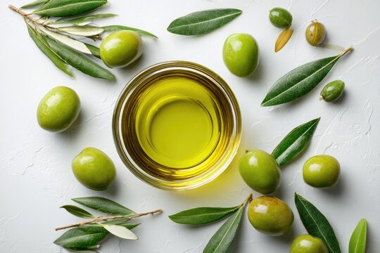 A glass bowl of olive oil is surrounded by green olives and olive branches on a textured white background