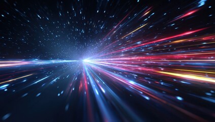 Abstract vibrant light streaks converging on a central point against a dark background