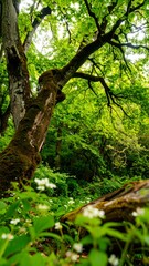 Lush forest floor with large tree