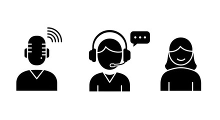 Empower Your Communication With This Versatile Icon Set Featuring A Podcast Host, Customer Service Representative, and Satisfied Client Ready For Websites, Apps, And Presentations