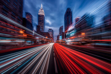 Obraz premium City Life at Night, a High-Speed View of NYC with Light Trails