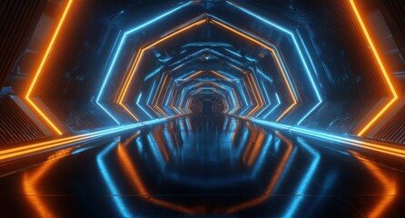 Neon tunnel, hexagonal, futuristic, glowing