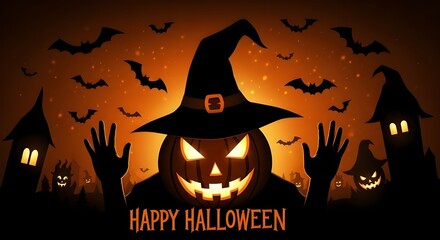 A spooky Halloween night illustration with a pumpkin, bats, and a dark tree silhouette against an orange moon