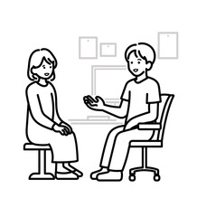診察室で話す医者と患者のイラスト　線画のみ