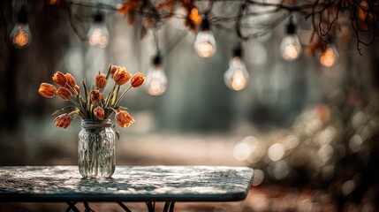 A bouquet of orange tulips in a glass jar on a rustic table.