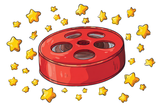 Red Film Reel Surrounded by Yellow Stars on Transparent Background