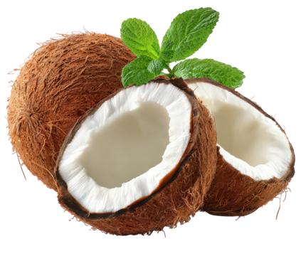 Brown Coconut Halves with Fresh Mint Leaves