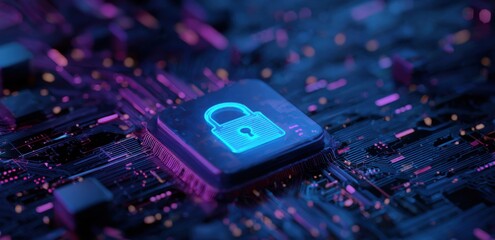 Circuit board with glowing blue lock icon