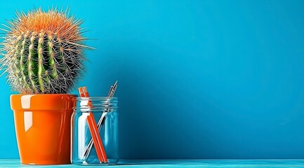Cactus, Pens, and Pencils on Blue Background.