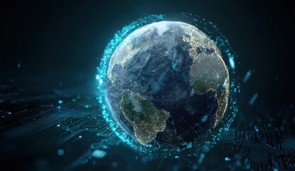 A digital rendering of Earth, surrounded by glowing, interconnected data streams.  The globe is detailed, and a vibrant network of light trails encircles it.  Dark background, futuristic