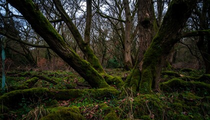Lush forest floor with moss-covered trees