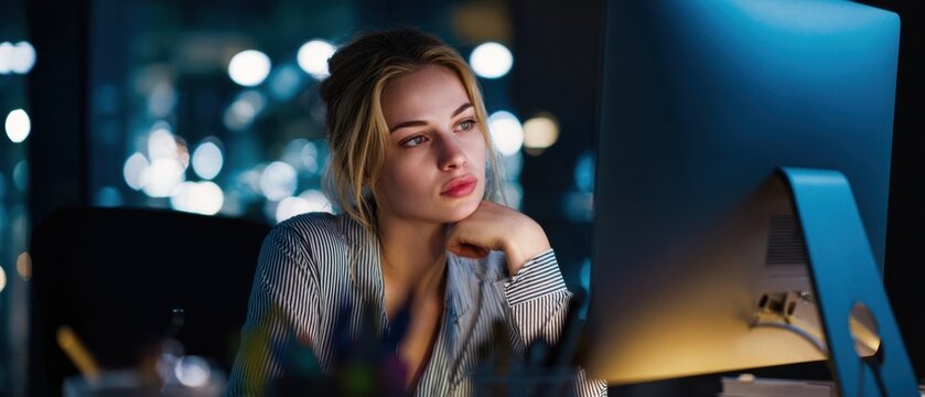 The woman working late at computer in modern office with city lights