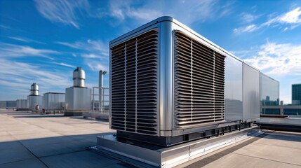 Wide angle Rooftop Photograph of a Sleek, Silver Hvac Unit Under a Bright Blue Sky with Wispy Clouds, Highlighting Modern Building Technology