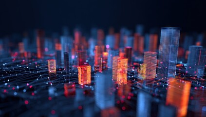 Abstract cityscape, glowing cubes, interconnected network