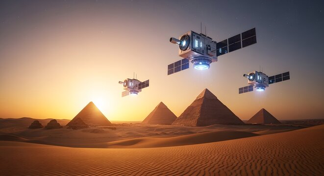 Futuristic satellites are hovering above Egyptian pyramids with a golden desert glow and alternate history mood. Alternate history concept