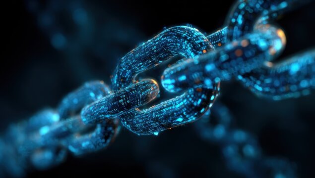 Close-up of a digital chain.  Links are vibrant blue, detailed with glowing particles.  Dark background.  Abstract