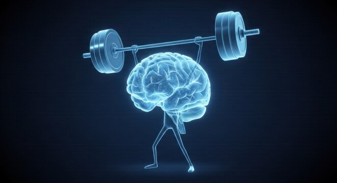 A stylized, digital illustration of a brain lifting weights, symbolizing mental strength and effort.