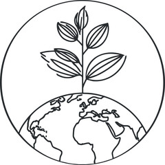 Black and white outline illustration of a plant growing from the earth symbolizing nature and environmental growth.