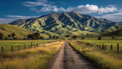 Rural road leading to a mountain range