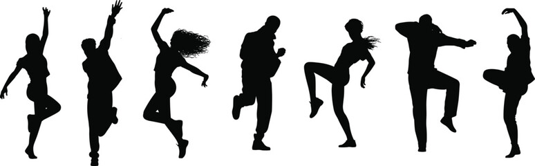 Silhouettes of people dancing energetically, jumping, joyful movement, dynamic poses, diverse individuals, celebration, isolated black figures on white background