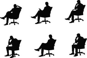 Silhouettes of men sitting on office chairs, thoughtful poses, relaxed, working, brainstorming, isolated black figures on white background
