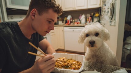 A young man sits at a kitchen table using chopsticks to eat noodles. A fluffy white dog sits nearby, watching him closely, likely hoping for a taste of the food.