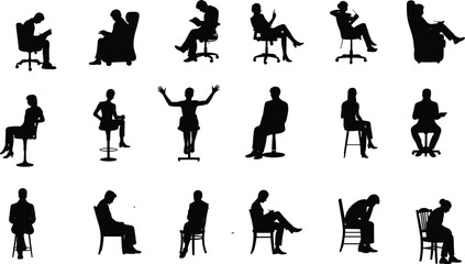 Silhouette people sitting on chairs reading, working, relaxing, various poses, business and casual, isolated on white background