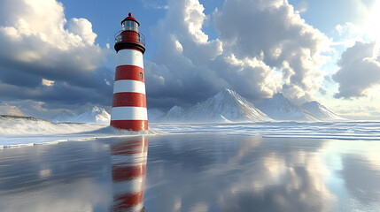 Lighthouse on frozen coast dramatic sky calm water reflection