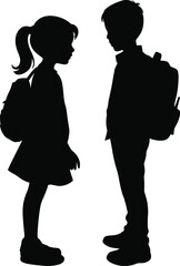 Silhouette of school children with backpacks facing each other, boy and girl, education, friendship, back to school, childhood concept.